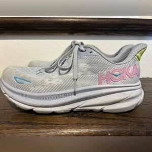 Hoka Light Gray and Pink Athletic Shoes
